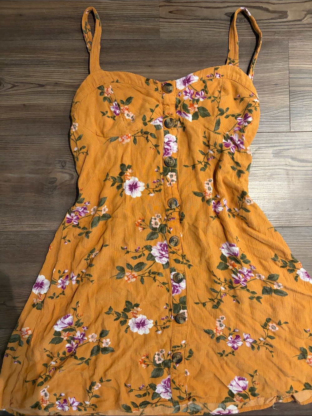 American Eagle Outfitters Mustard Floral Button-Front Mini Dress